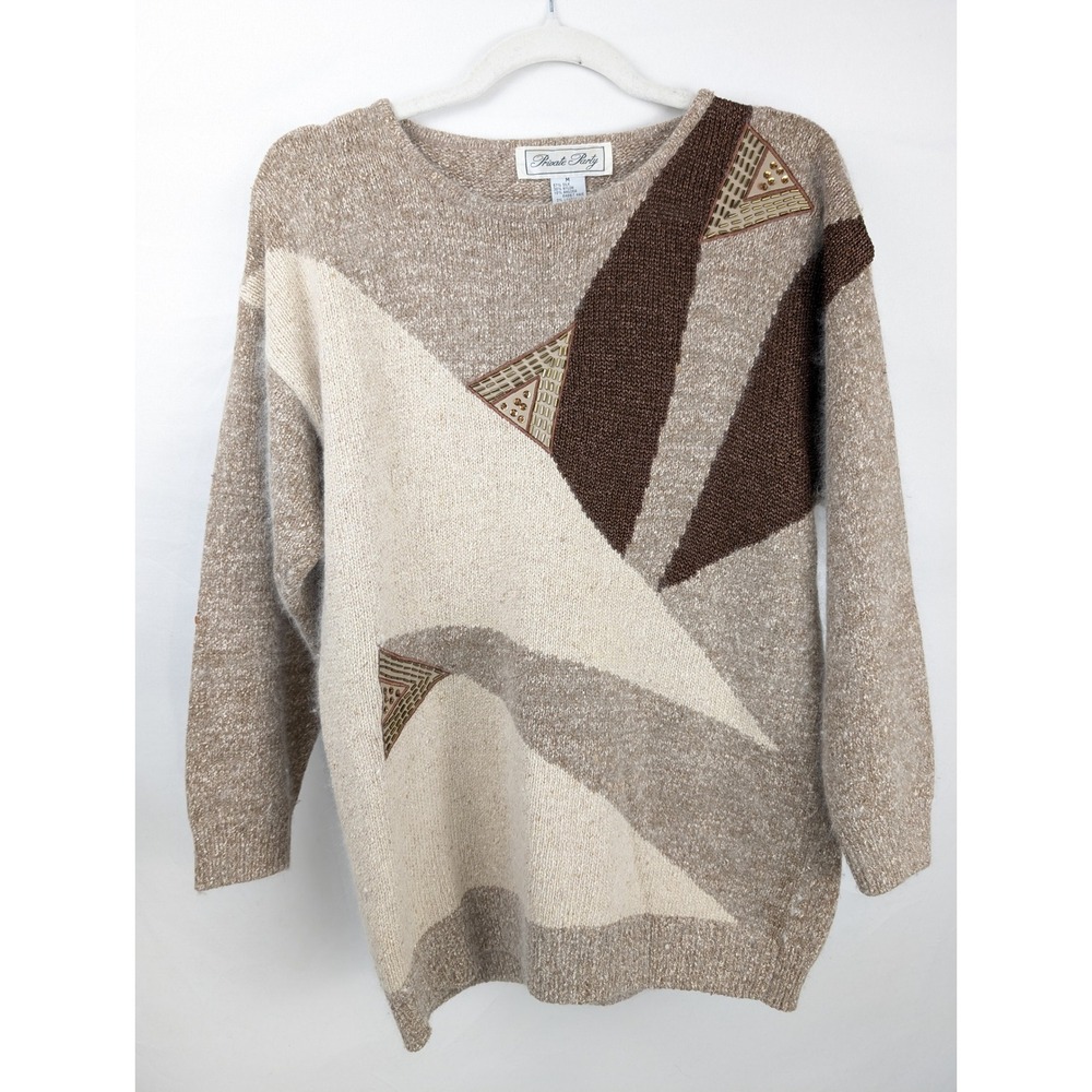 Vintage 90s Silk Angora Beaded Geometric Sweater Sz M Brown Statement Colorblock